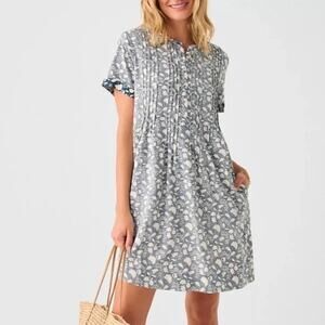 Faherty Gemina Indigo Floral Echo Pintuck Pleat Shift Tunic Dress SZ M